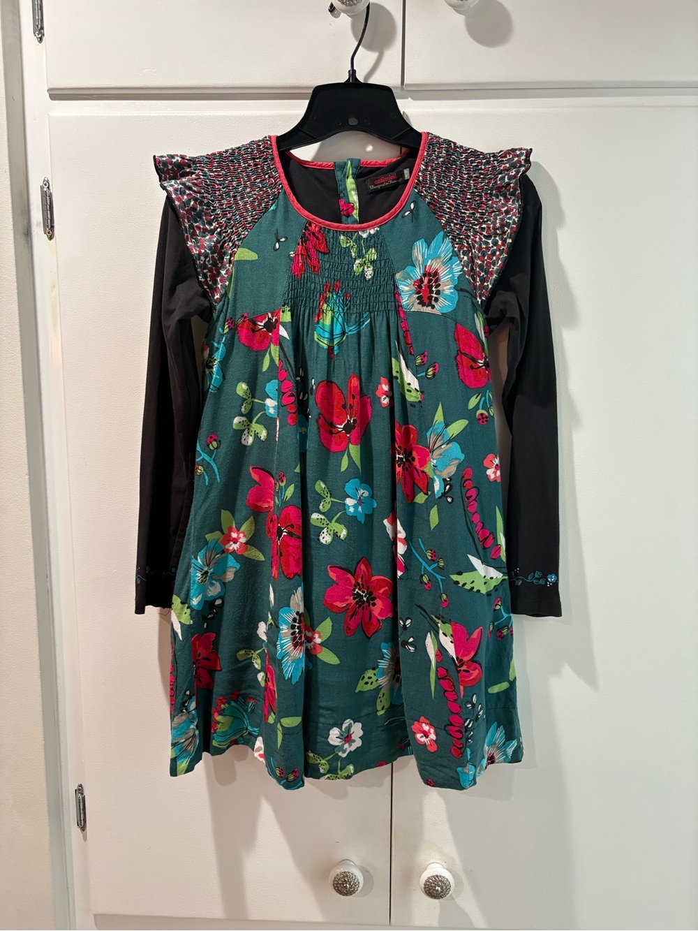 Catimini Teal Floral Dress with Black Sleeves Runs small